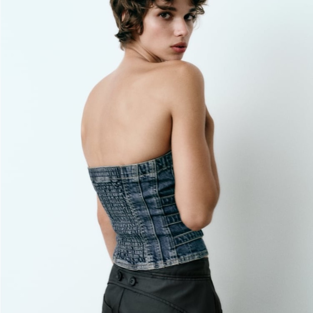 Zara Dark Blue Strapless Denim Top - Picture 4 of 8